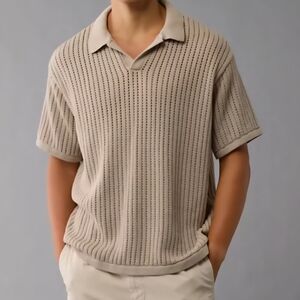 American Eagle Mens Tan Beige Texured Knit Polo Johnny Collar Short Sleeve. XS